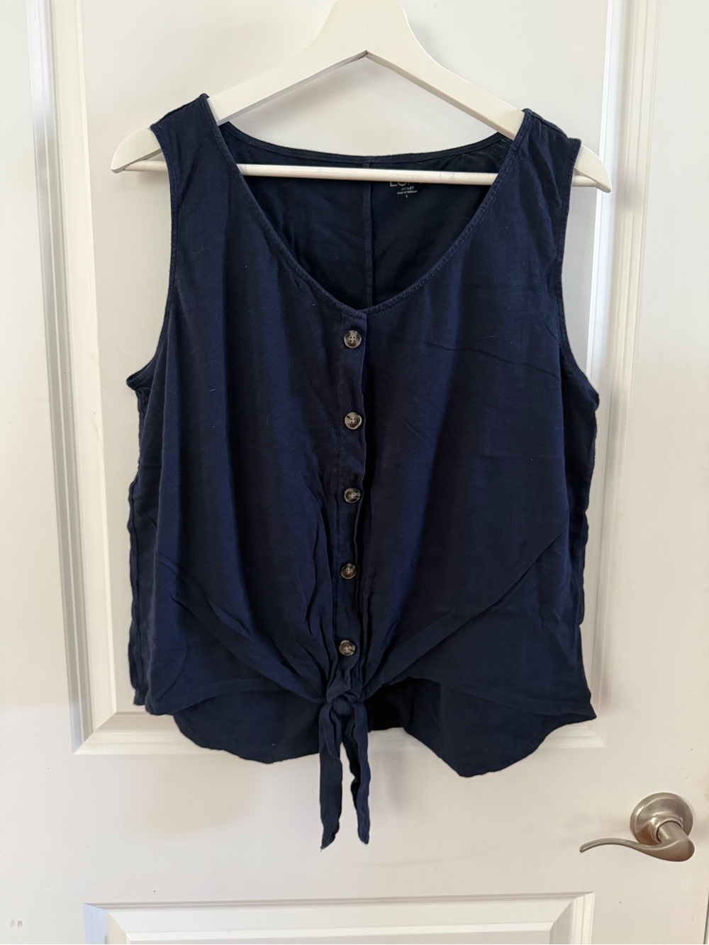LOFT Navy Button-Front Tie-Hem Tank